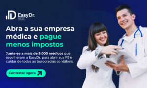 Imagem com dois médicos. Na imagem está escrito: Título: Pague menos impostos ao abrir a sua PJ médica Subtítulo: Escolher a EasyDr. é ter a certeza que a abertura da sua empresa médica vai ser 100% regularizada e em um regime que vai fazer você gastar menos dinheiro com impostos. CTA: Contrate agora. Clique para levar ao link do site da EasyDr.
